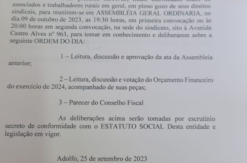  Sindicato dos Trabalhadores Rurais de Adolfo convoca associados